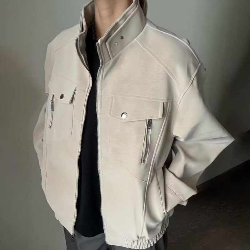Herren Lederjacke Modern mit Taschen Kunstleder Schwarz