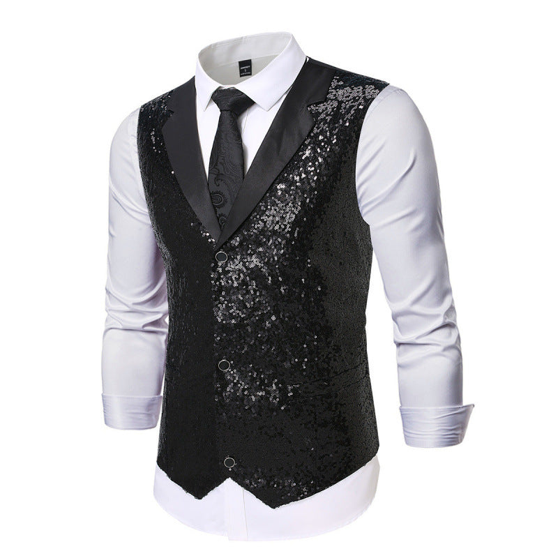 Herren Weste Glitter Pailletten Satin Schwarz