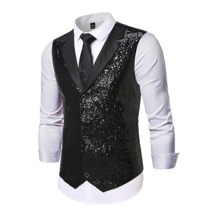 Herren Weste Glitter Pailletten Satin Schwarz