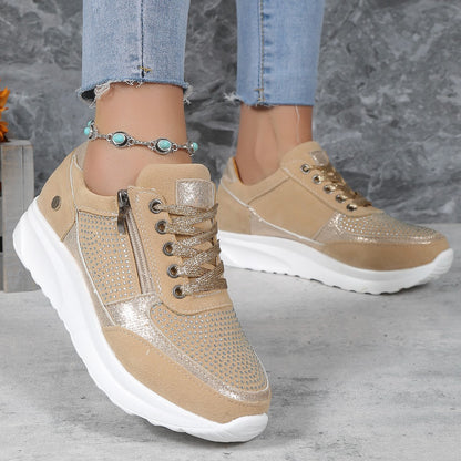 Damen Sneaker Strass Glitzer Reißverschluss Modern