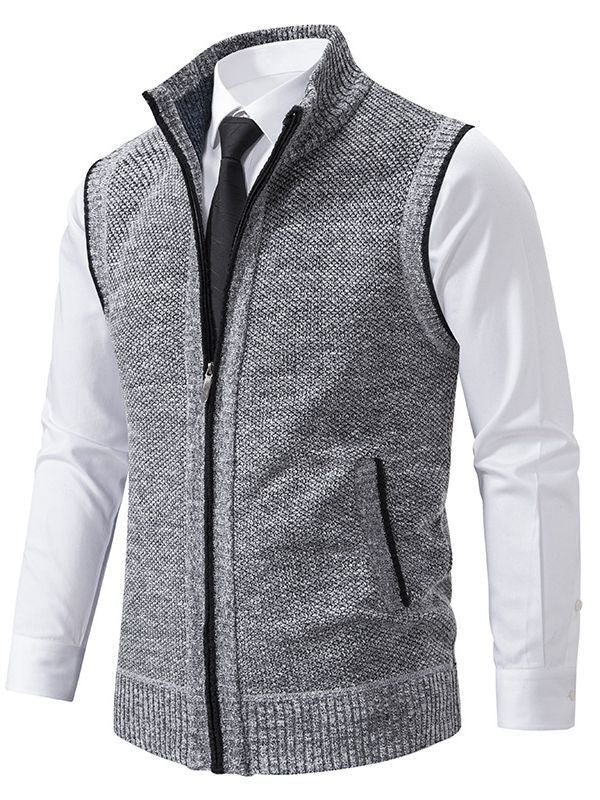Herren Strickweste Elegant Hochkragen Reißverschluss Taschen