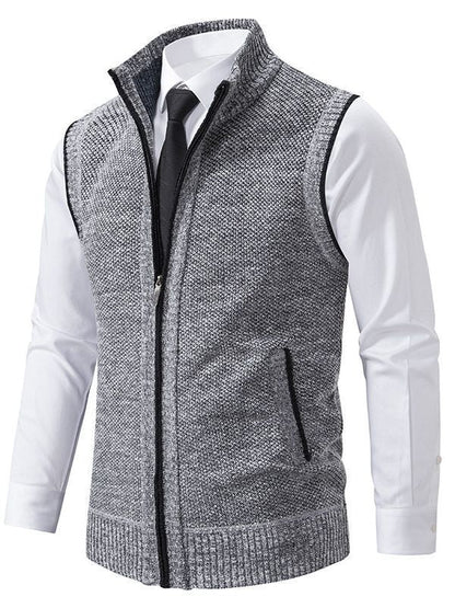 Herren Strickweste Elegant Hochkragen Reißverschluss Taschen