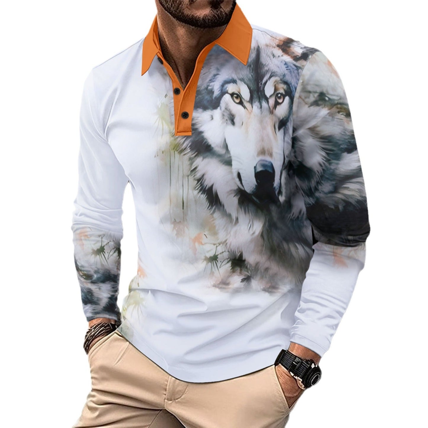 Herren Hemd Langarm Wolfsmotiv Kontrastkragen Modern
