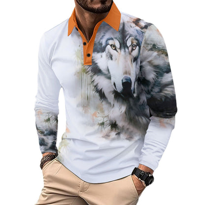 Herren Hemd Langarm Wolfsmotiv Kontrastkragen Modern