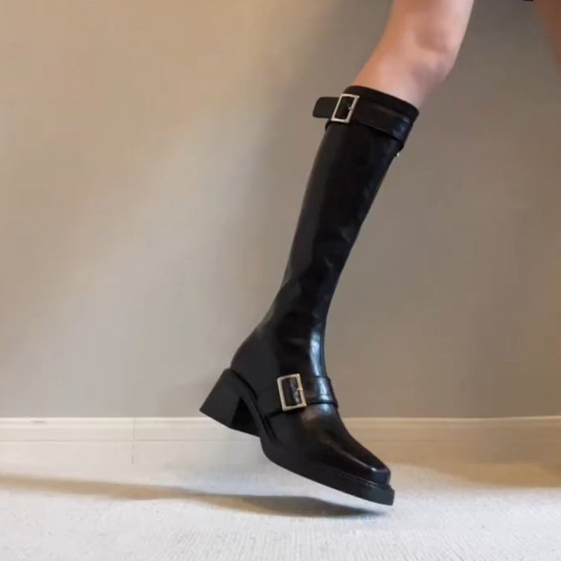 Damen Stiefel Elegant Schnallenverschluss Blockabsatz