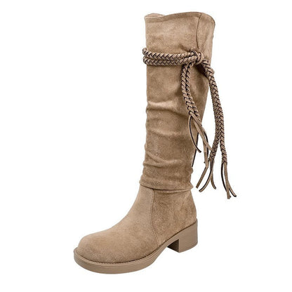 Damen Stiefel Lässig Falten Design mit Fransen Schwarz