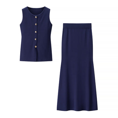 Damen Set Ärmellos mit Knöpfen und Rock Frauen Kleid Set Elegant