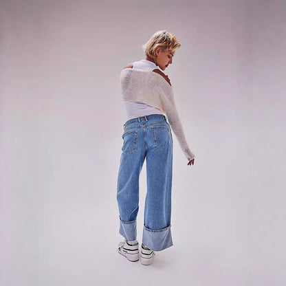 Damen Jeans Weite Bein Umgeschlagener Saum