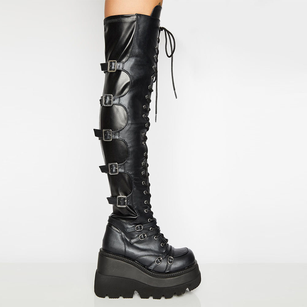 Damen Plateau Stiefel Hoch mit Reißverschluss und Schnürsenkel Schwarz