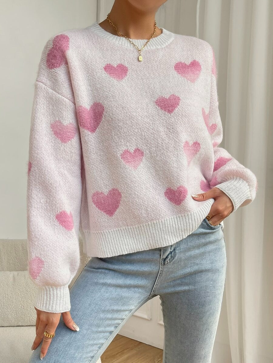 Damen Pullover Weites Herzenmuster Sweater Frauen