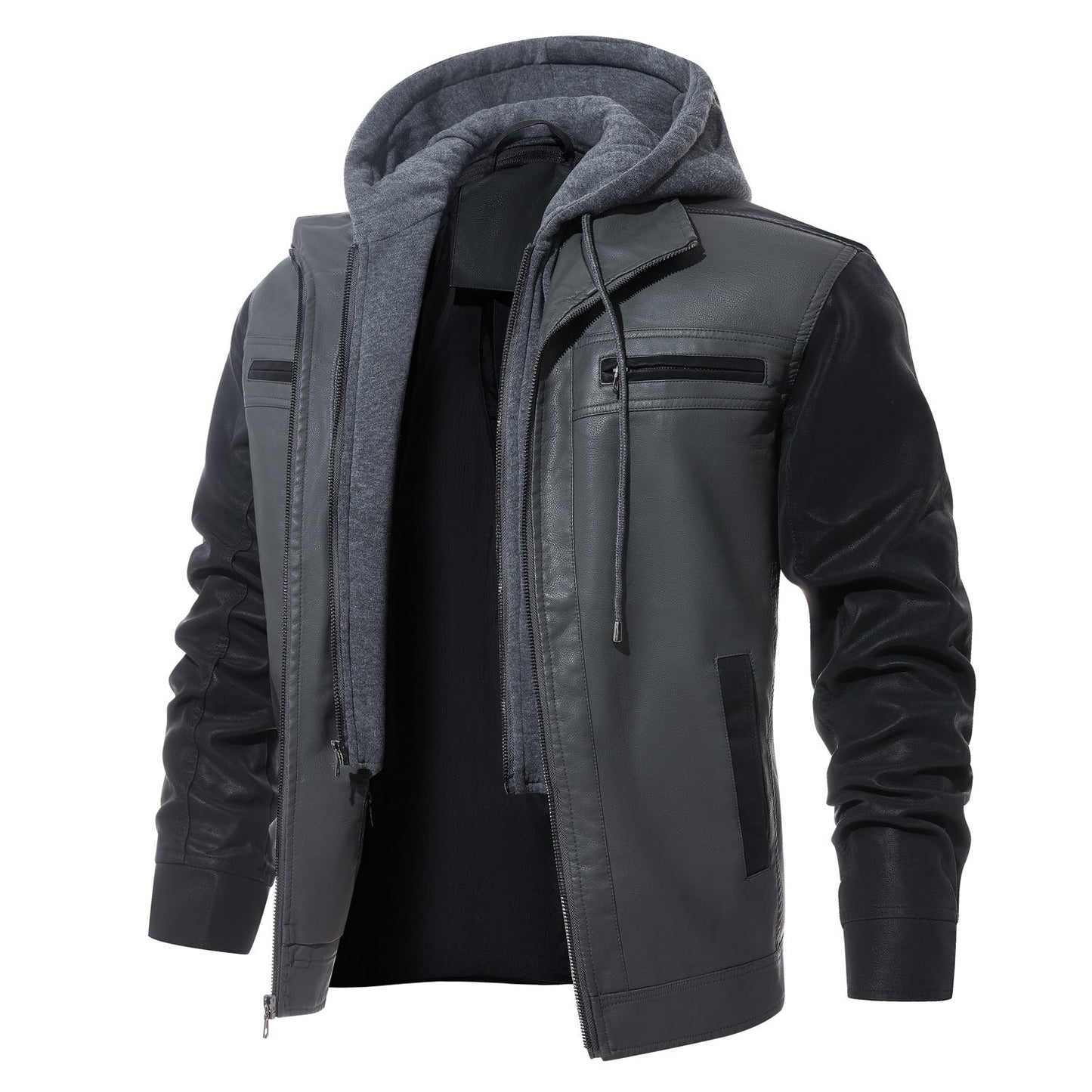 Herren Lederjacke Mit Kapuze Modern Elegant Schwarz