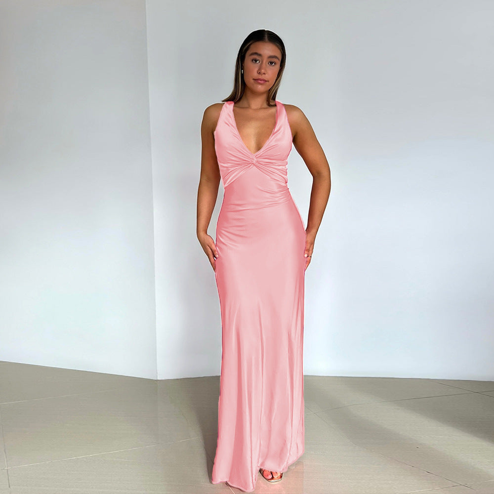 Elegantes Satin Kleid Damen Slim Fit Abendkleid