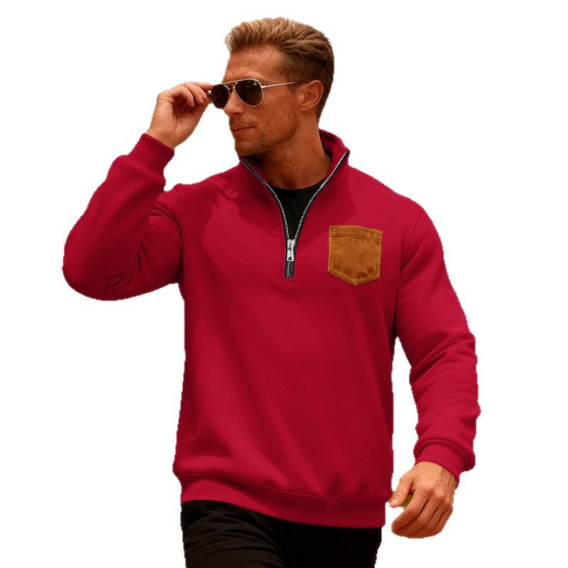 Herren Fleecepullover Mit Reißverschluss und Brusttasche Warm
