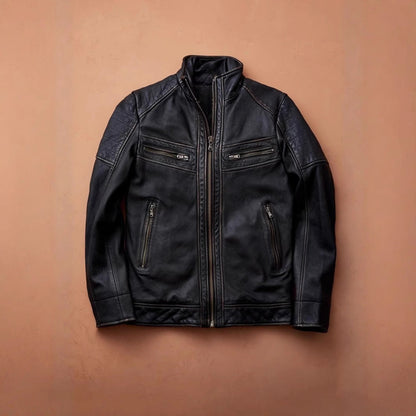 Leder Bikerjacke Herren Stepp-Design mit Taschen Schwarz