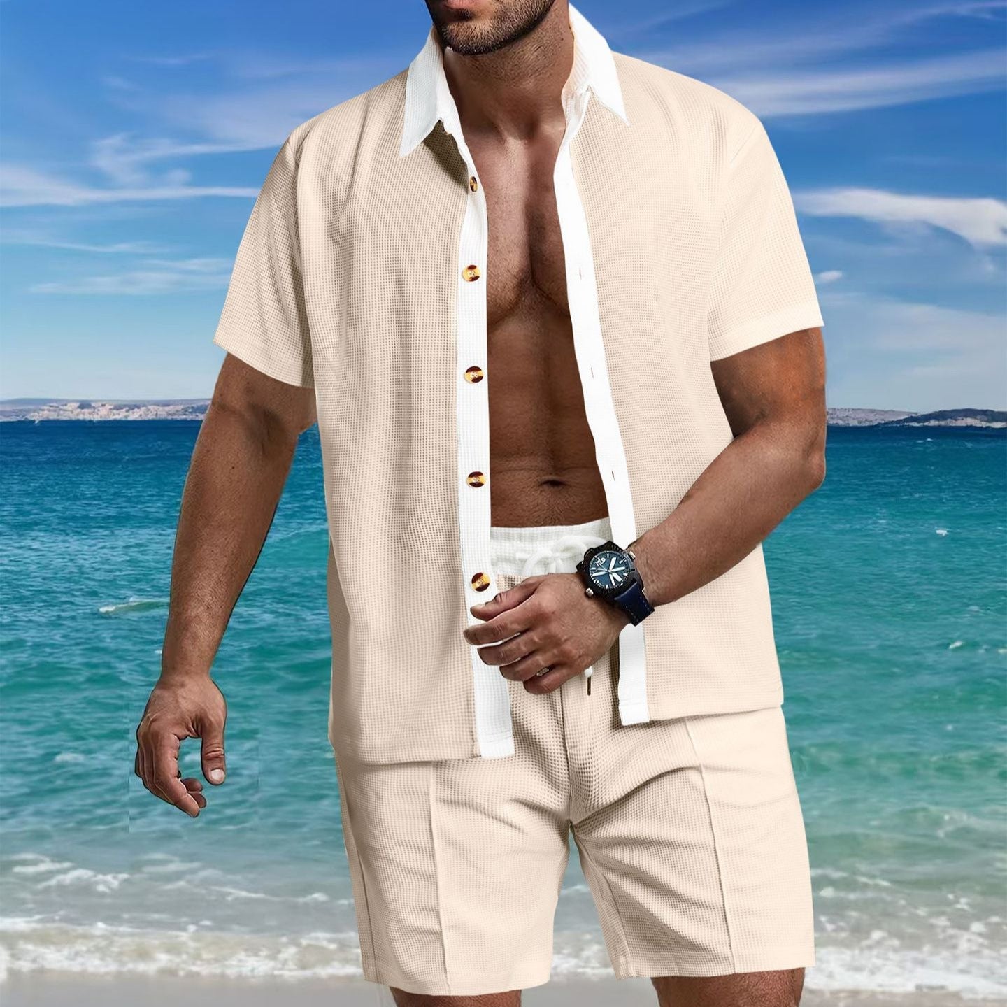 Herren Set Kurzarm Hemd und Shorts Strukturiert Sommer