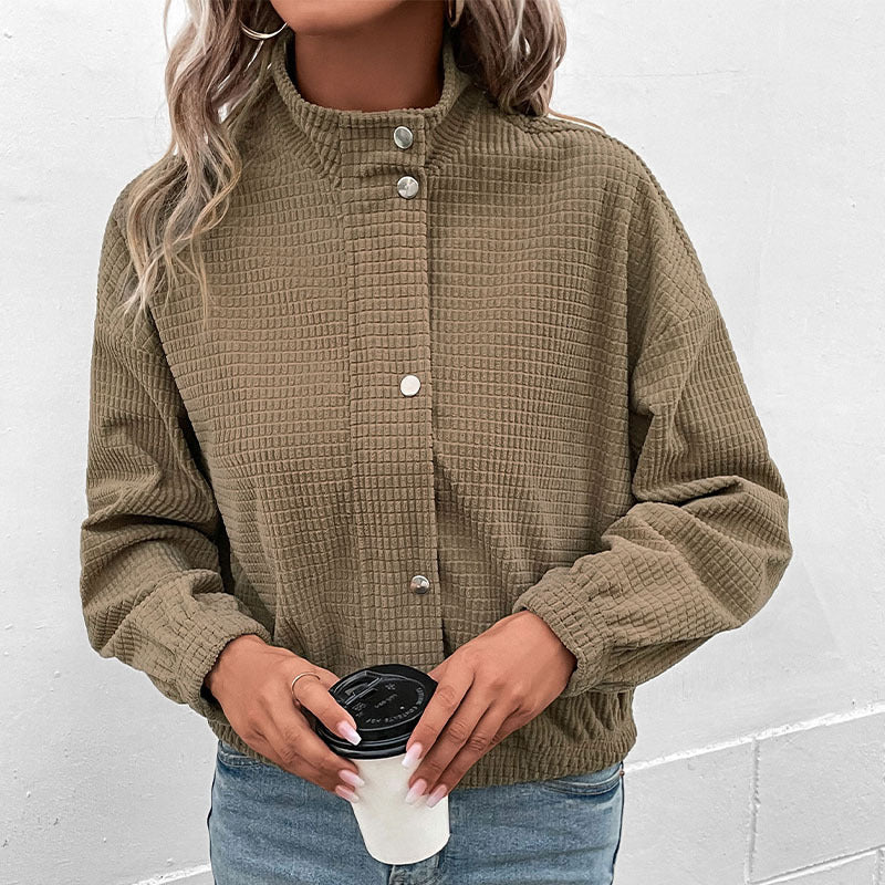 Damen Overshirtjacke Leicht Waffelmuster Druckknopf