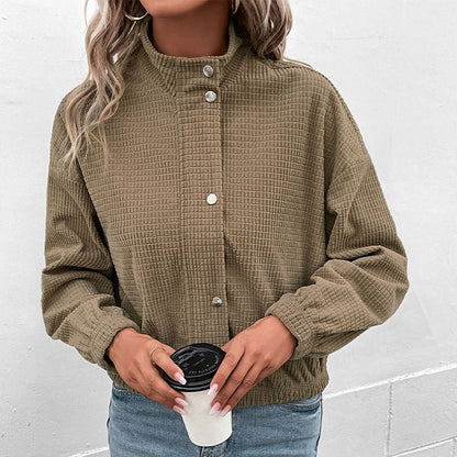 Damen Overshirtjacke Leicht Waffelmuster Druckknopf