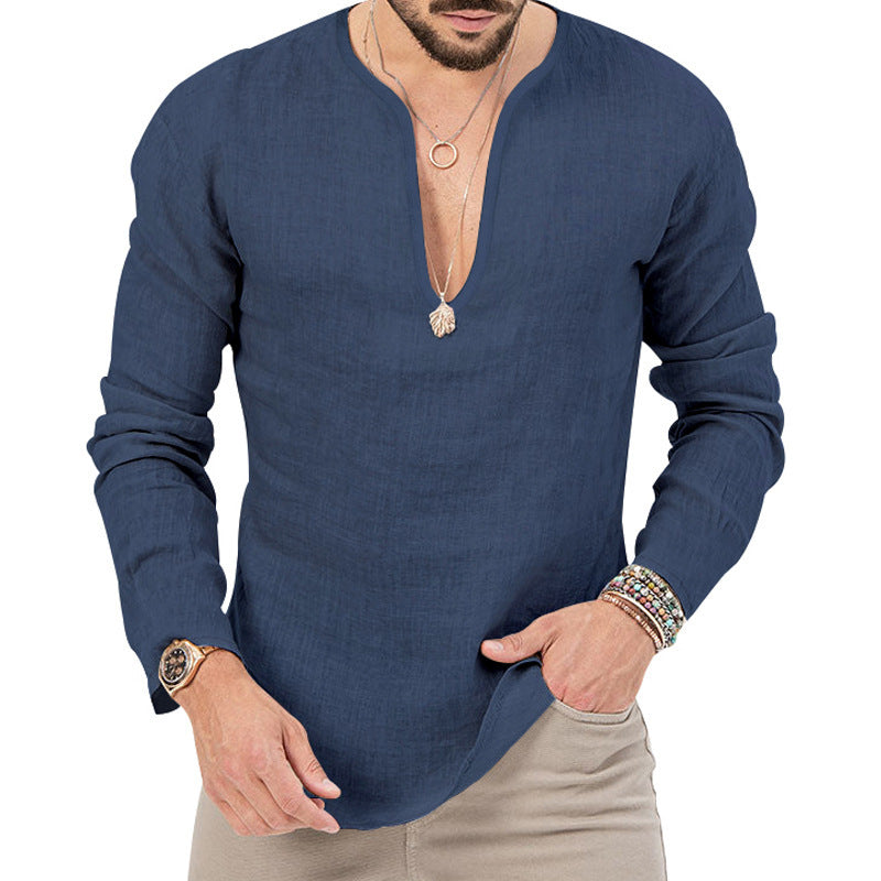 Leinen-Hemd Herren Baumwolle Relaxed Fit V-Ausschnitt