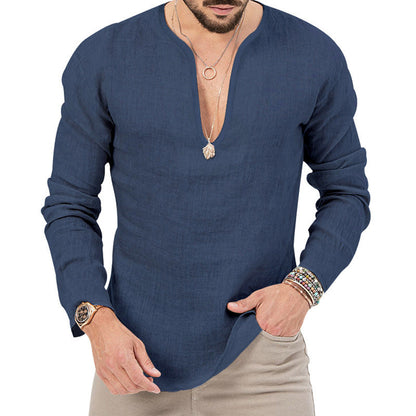 Leinen-Hemd Herren Baumwolle Relaxed Fit V-Ausschnitt