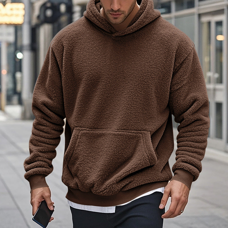 Herren Hoodie Kuschelig Teddy Fleece Kapuze Mit Kängurutasche
