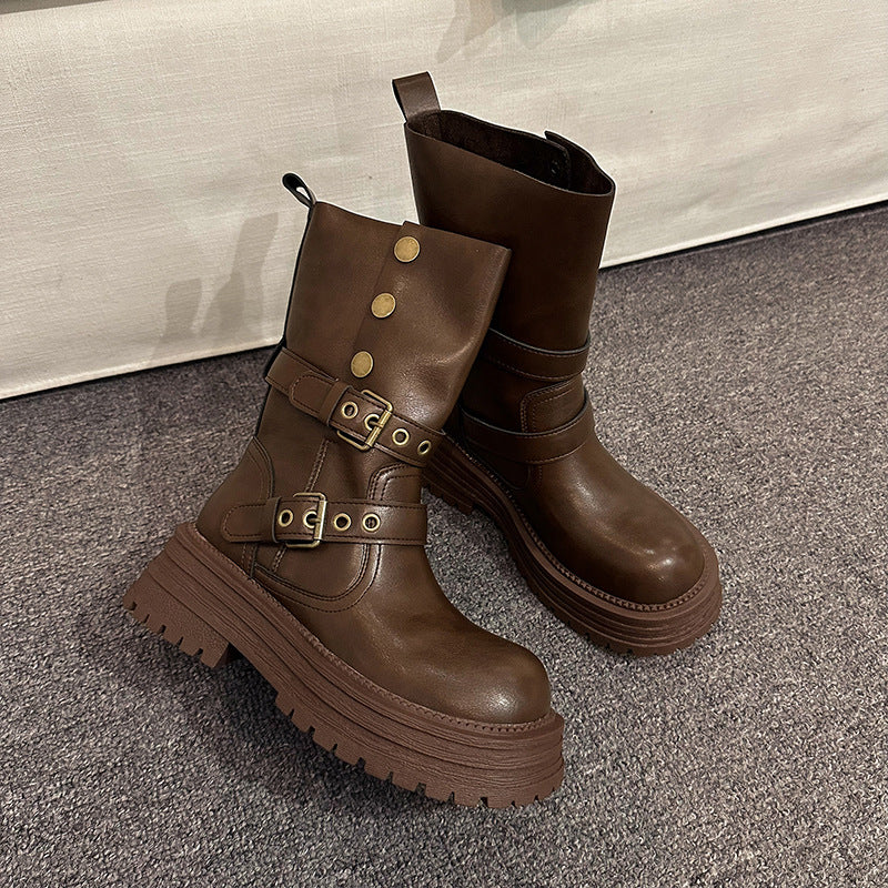 Damen Stiefeletten Schnalle Plateau Schuhe Robust Modern - BerlinGlamour