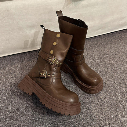 Damen Stiefeletten Schnalle Plateau Schuhe Robust Modern - BerlinGlamour