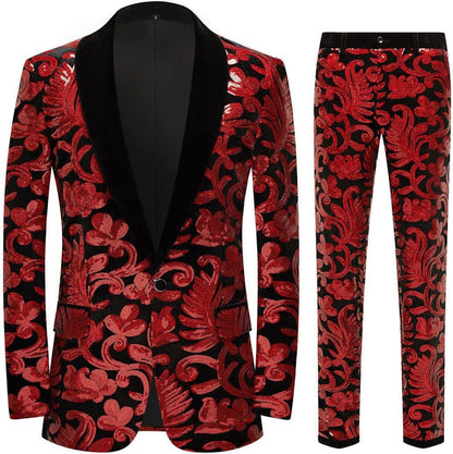 Herren Anzug Samt mit Pailletten Muster Elegant Schwarz