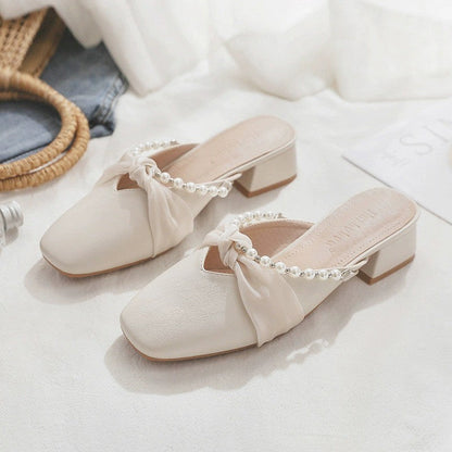 Damen Mules Elegante Perlen Schuhe mit Schleife Damen Schuhe - BerlinGlamour