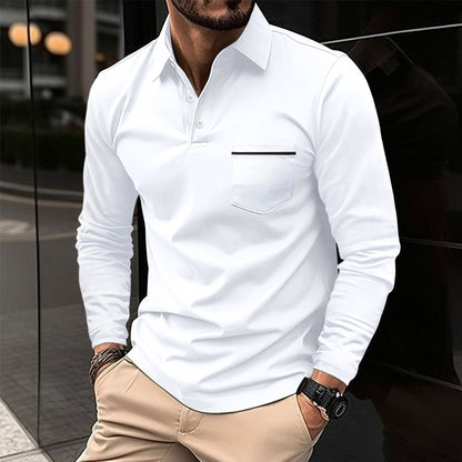 Herren Poloshirt Langarm Stehkragen mit Brusttasche Modern