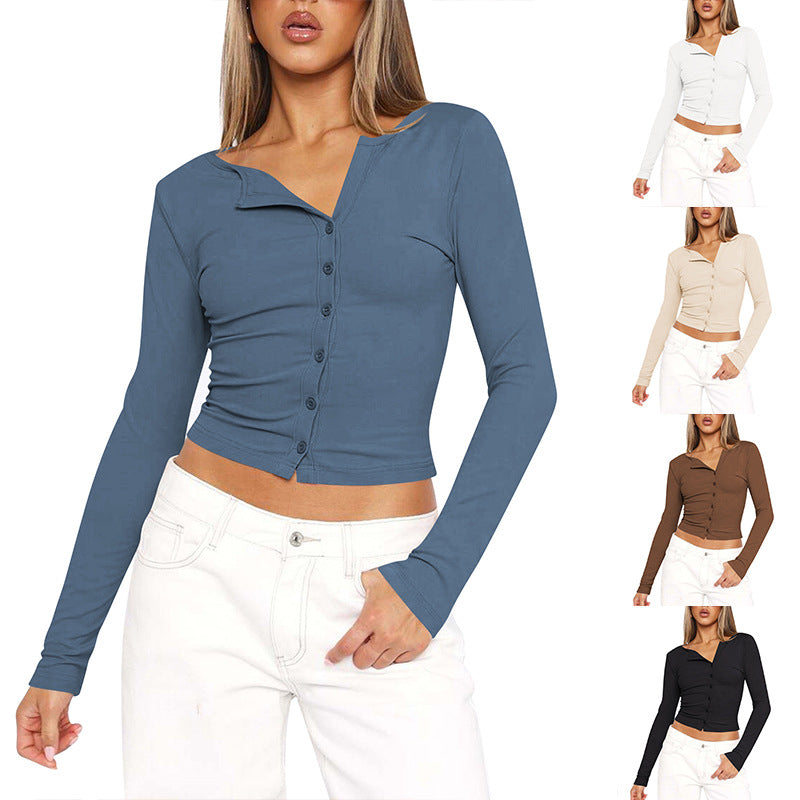 Damen Langarmshirt Figurbetont V-Ausschnitt Elegant - BerlinGlamour