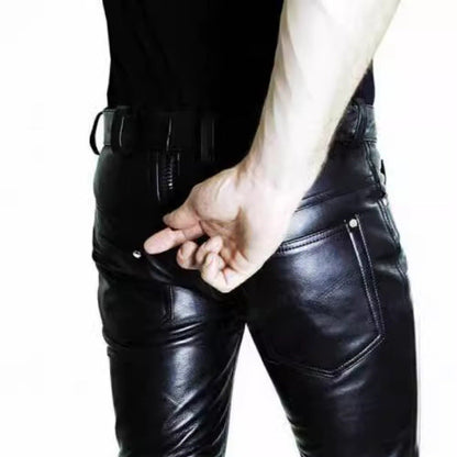 Herren Slimfit Hose Kunstleder Schwarz Modern