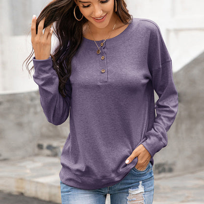 Damen Langarmshirt mit Knöpfen Rundhals Gemütlich Elegant - BerlinGlamour