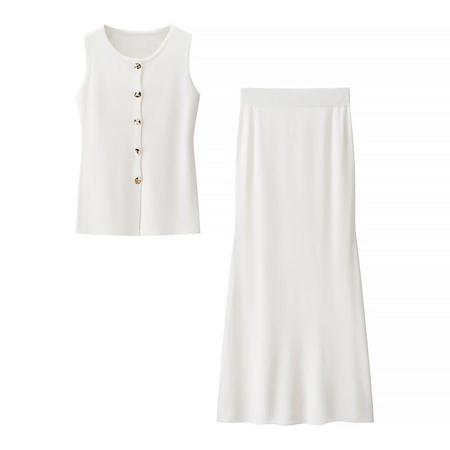 Damen Set Ärmellos mit Knöpfen und Rock Frauen Kleid Set Elegant