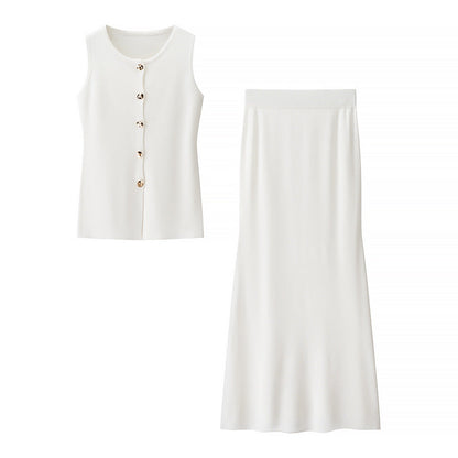 Damen Set Ärmellos mit Knöpfen und Rock Frauen Kleid Set Elegant