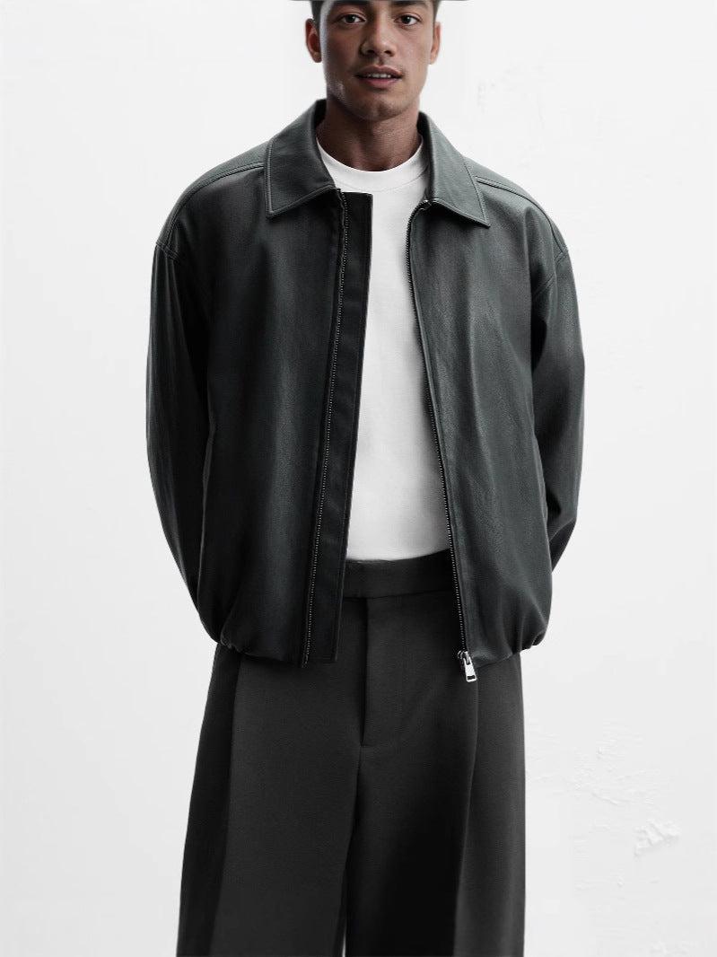 Herren Lederjacke Elegant Stehkragen Reißverschluss Schwarz