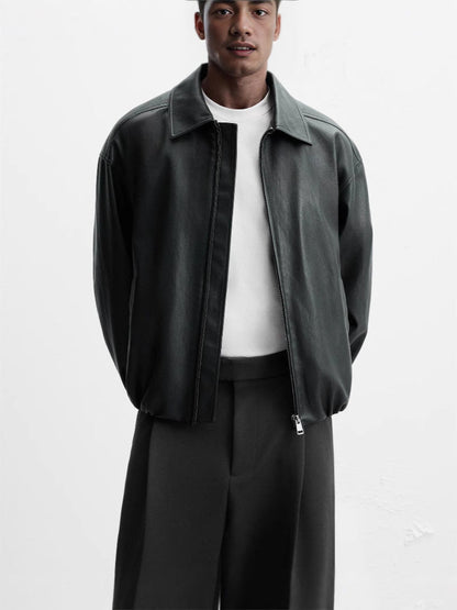 Herren Lederjacke Elegant Stehkragen Reißverschluss Schwarz
