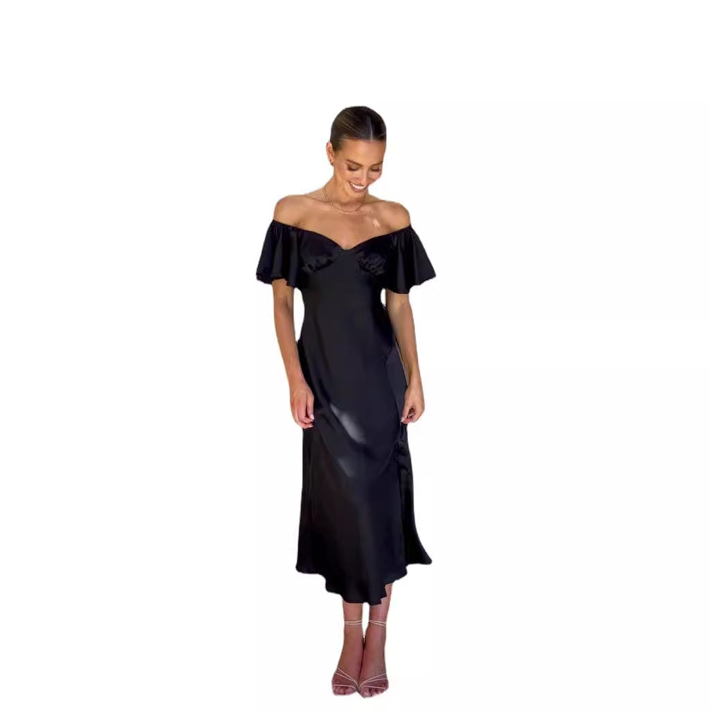 Damen Maxikleid Off-Shoulder Elegant Rüschen Schlitz