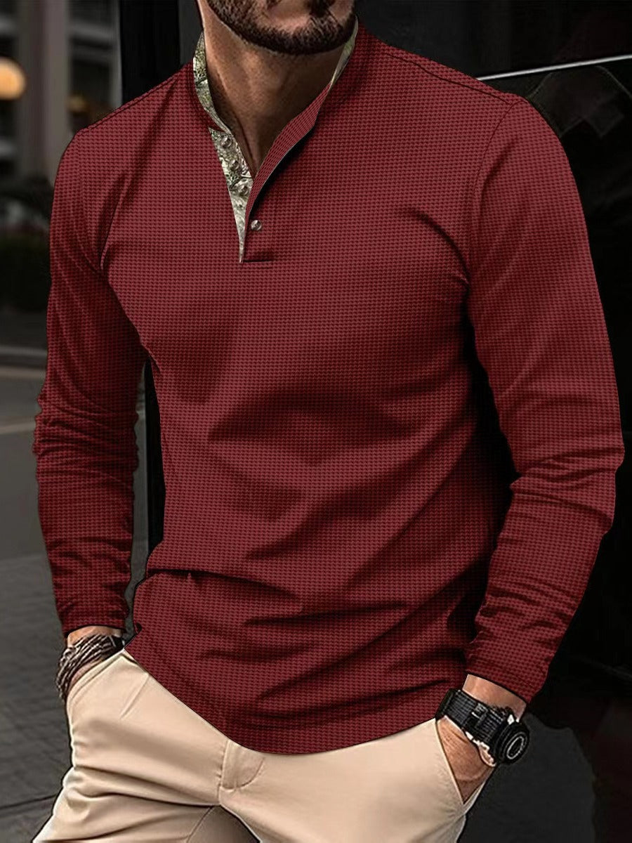 Herren Poloshirt Langarm Modern Stehkragen Karomuster