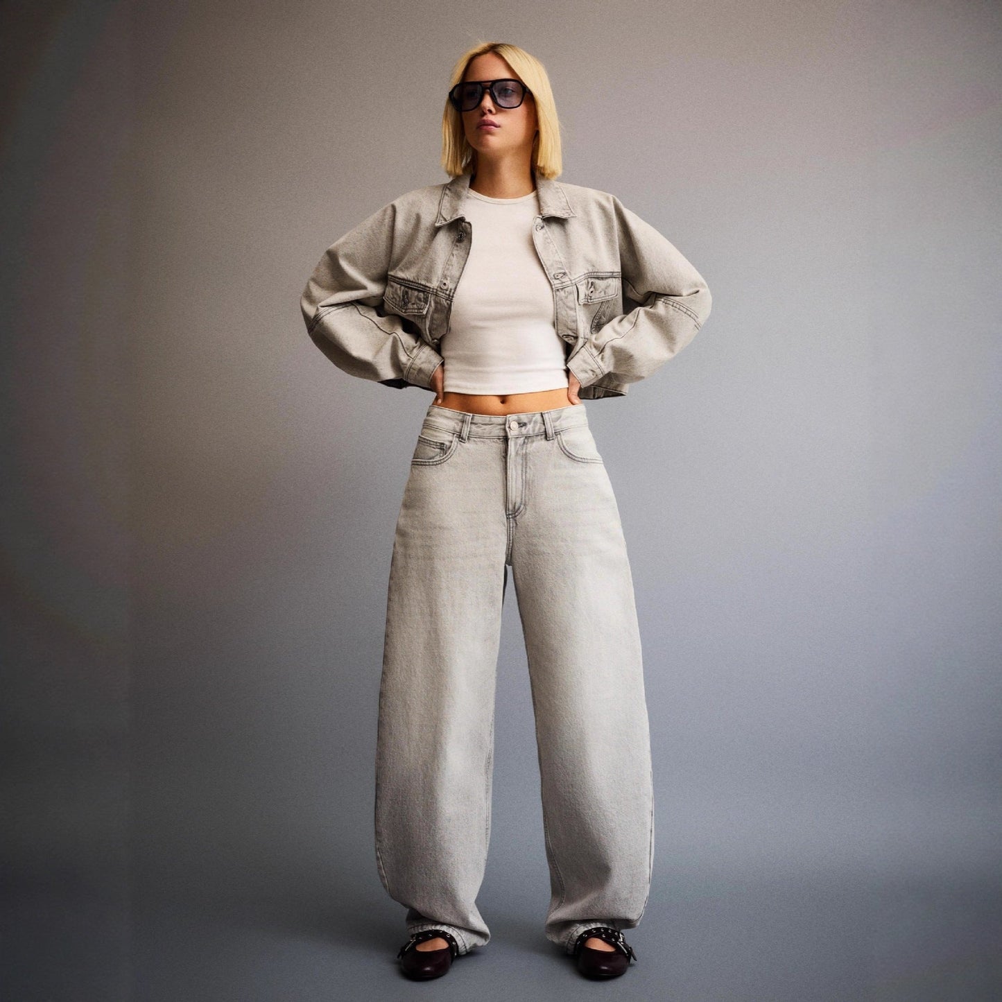 Damen Jeansjacke Oversized Lässig mit Taschen