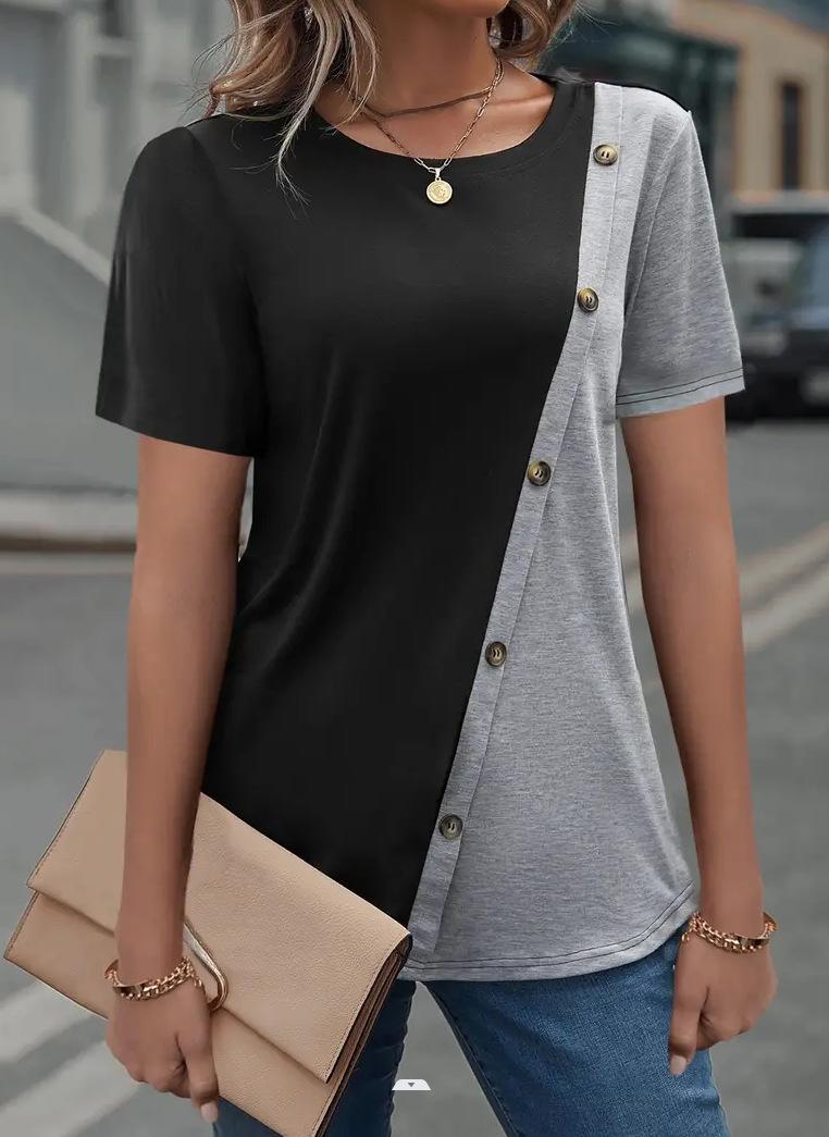 Damen T-Shirt Kurzarm Asymmetrisch Knöpfe Trendig