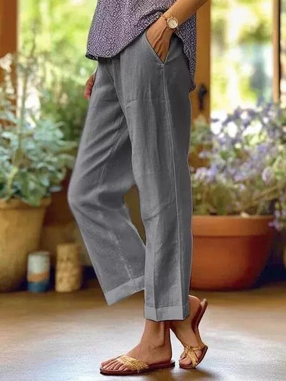 Damen Leinenhose Weit Bequem Mit Taschen