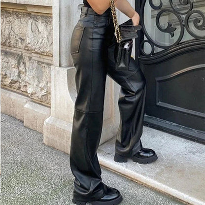 Damen Hose Kunstleder Weitbein Elegant Schwarz