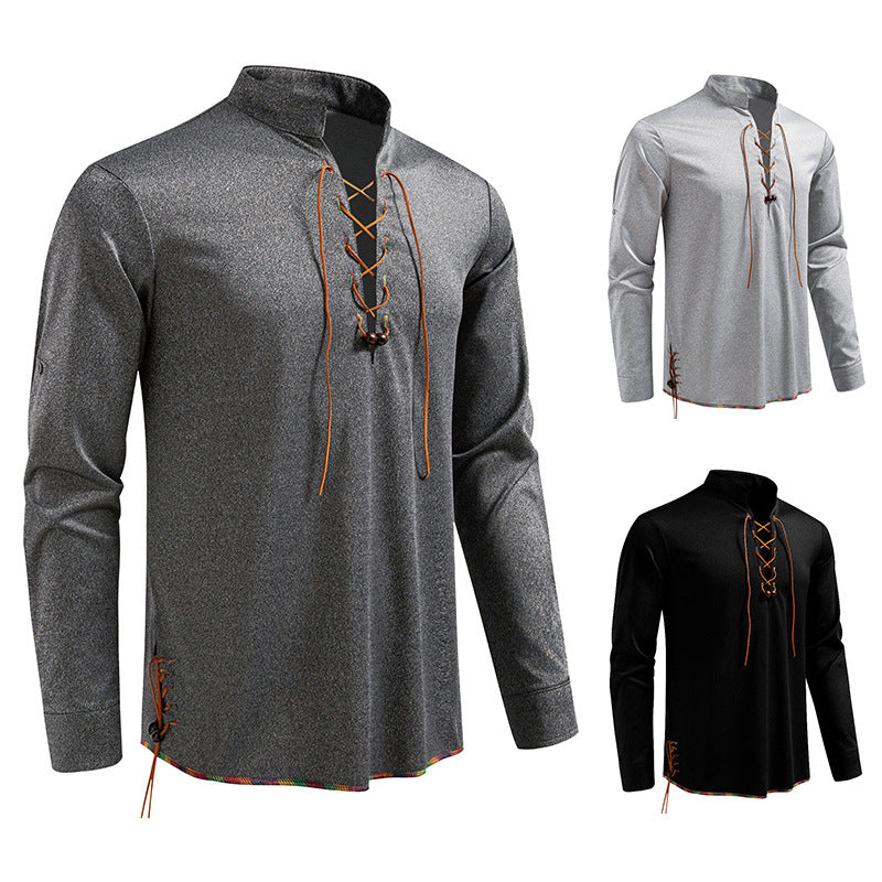 Herren Langarmshirt Stehkragen Modern mit Kordelzug