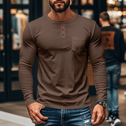 Herren Henley-Shirt Langarm Baumwolle Strukturiert mit Brusttasche