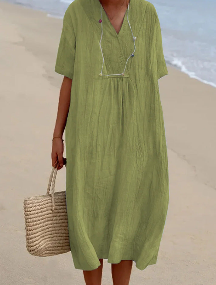 Damen Midi-Kleid Bequem V-Ausschnitt Kurzärmlig Sommerkleid