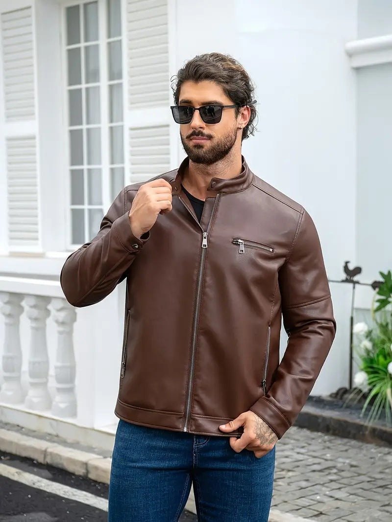 Herren Lederjacke Modern Reißverschluss Schwarz
