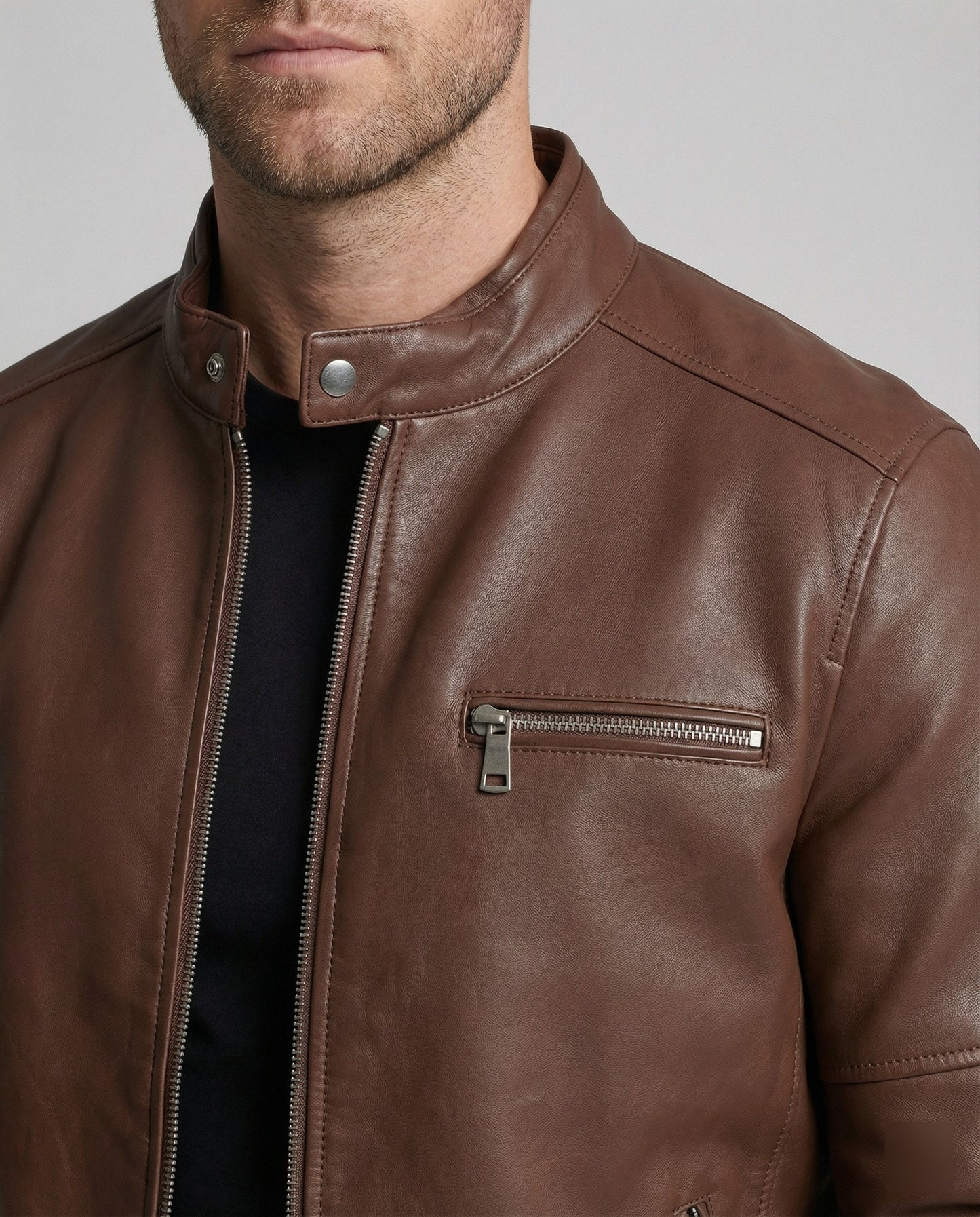 Herren Lederjacke Modern Reißverschluss Schwarz