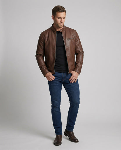 Herren Lederjacke Modern Reißverschluss Schwarz