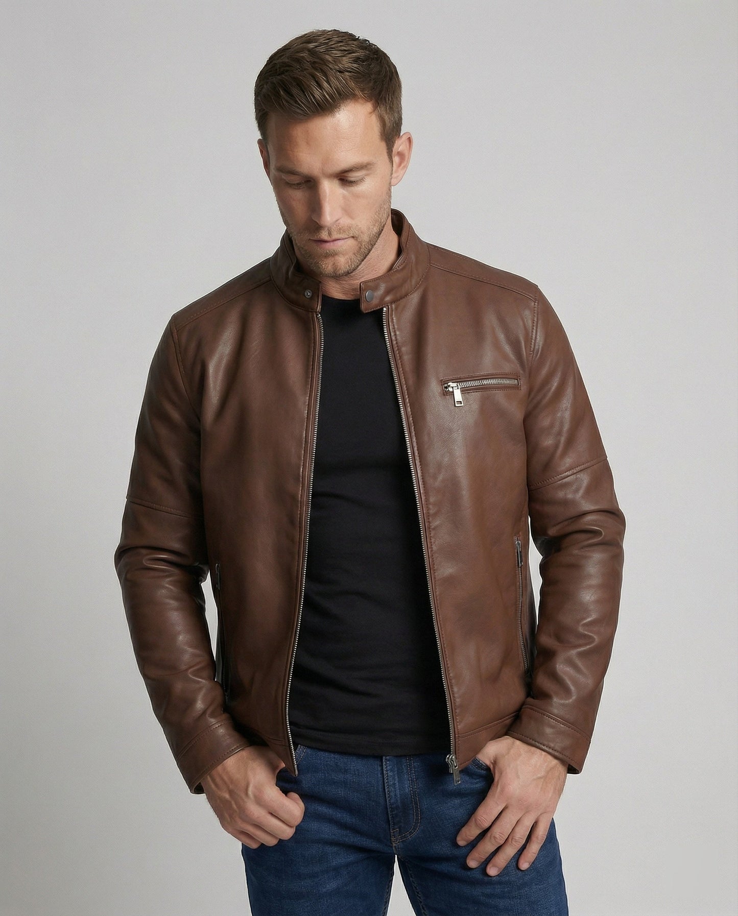 Herren Lederjacke Modern Reißverschluss Schwarz - BerlinGlamour