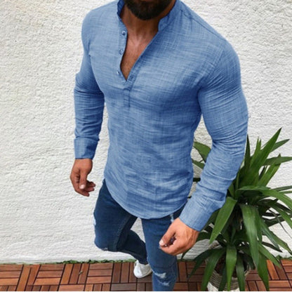 Herren Hemd Langarm Stehkragen Knopfverschluss Modern